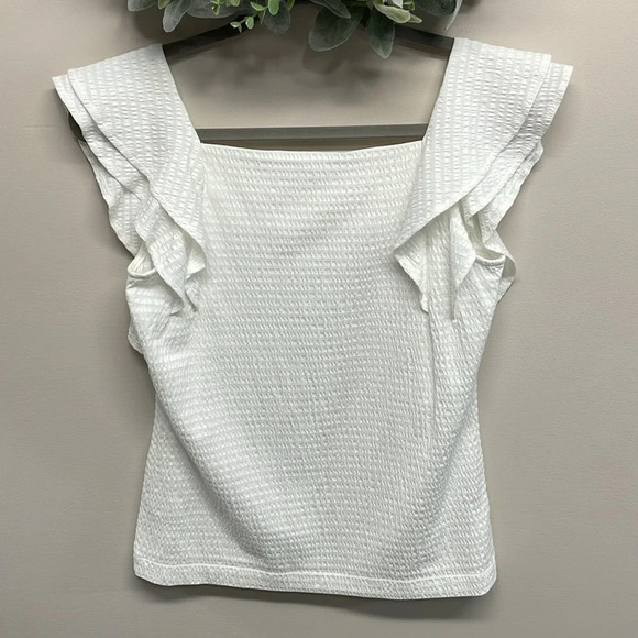 NWOT Ann Taylor Seersucker Square Neck Flutter Sleeve Shell Top White XS - Picture 5 of 14